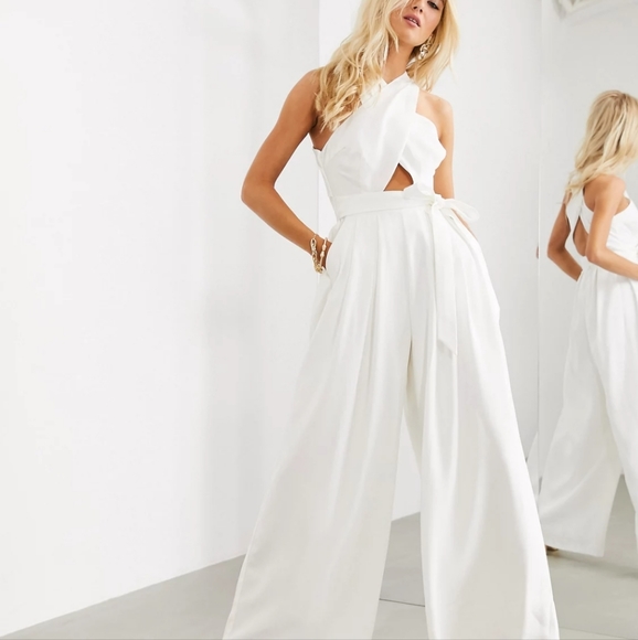ASOS Edition white criss-cross front/halter jumpsuit with sash tie - Picture 8 of 9